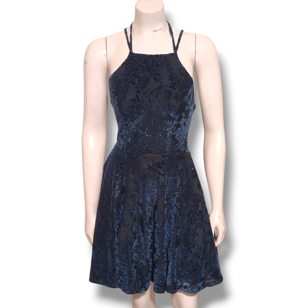 Jodi Kristopher Halter Mini Dress-Size 1-Lace Overlay-Tulle Lining-Built In Pads